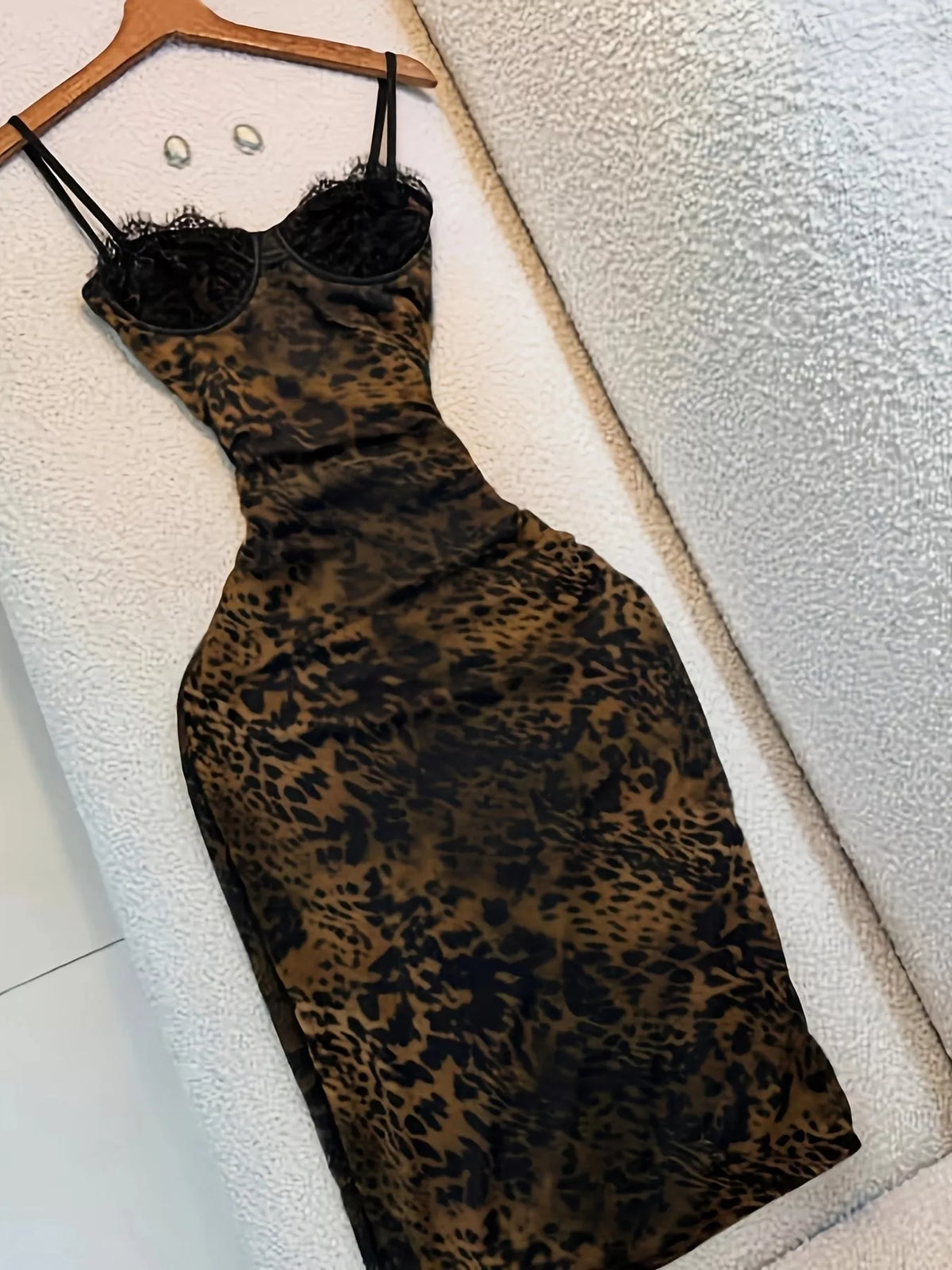 Leopard Print Lace Trim Bodycon Midi Dress - WYNFLARE