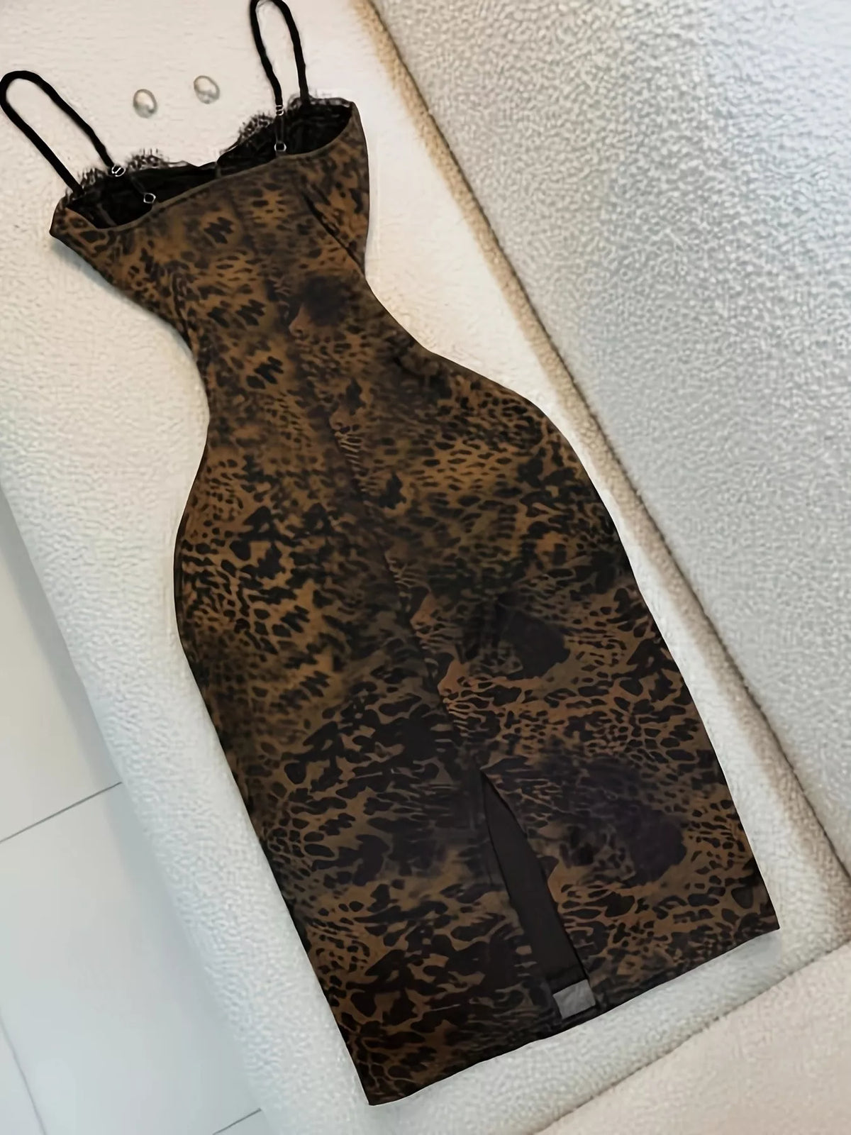 Leopard Print Lace Trim Bodycon Midi Dress - WYNFLARE