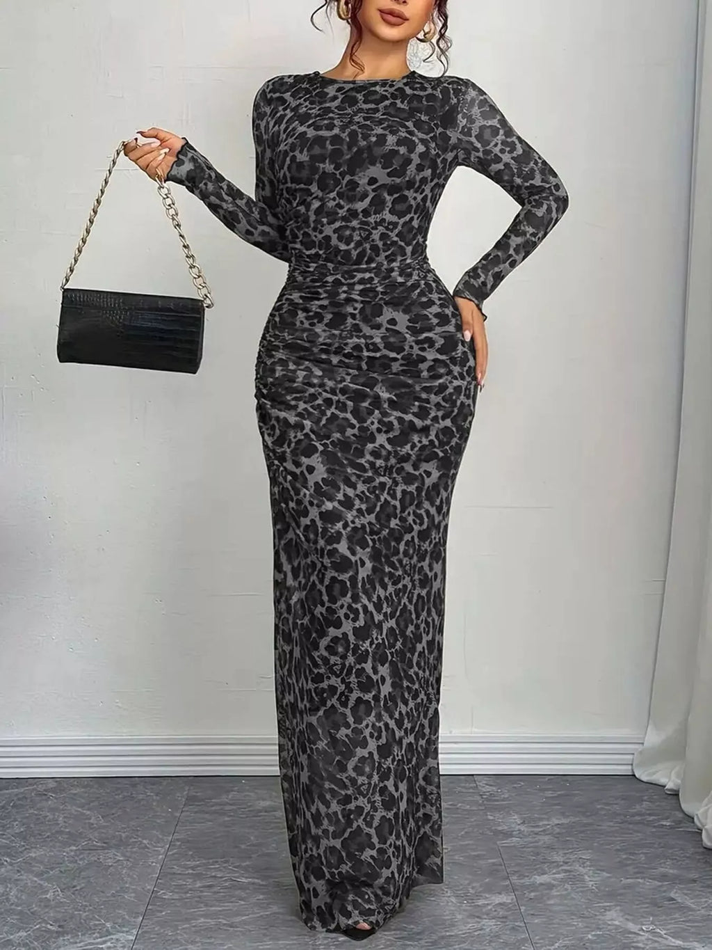 Leopard Ruched Bodycon Maxi Dress - WYNFLARE