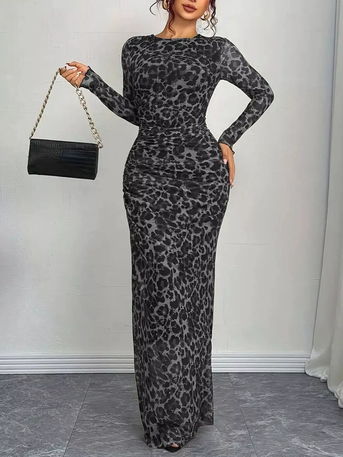 Leopard Ruched Bodycon Maxi Dress - WYNFLARE