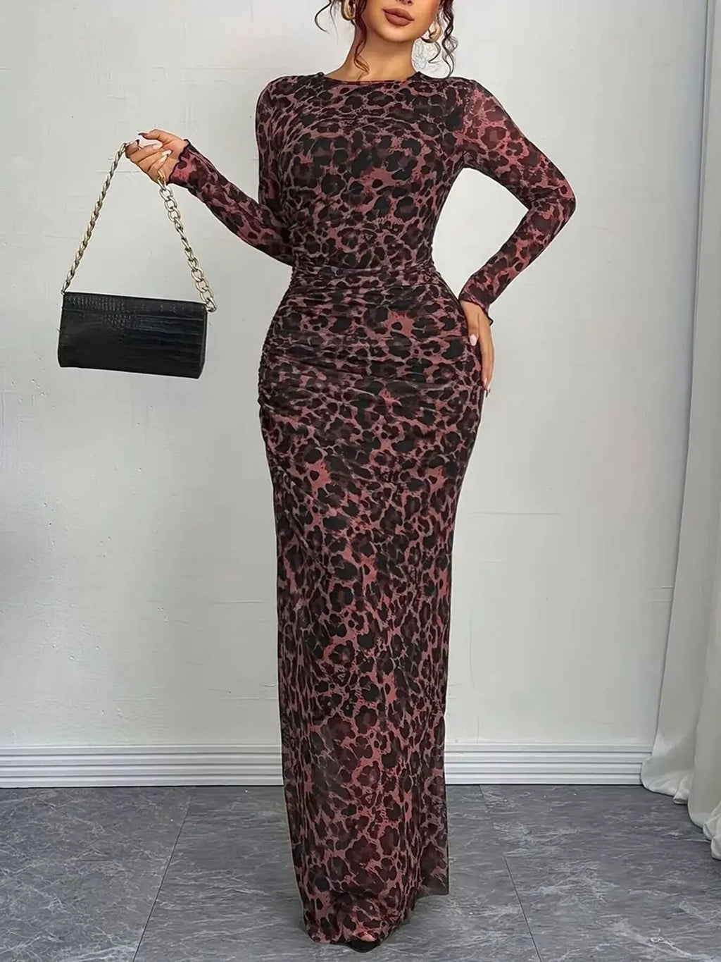 Leopard Ruched Bodycon Maxi Dress - WYNFLARE
