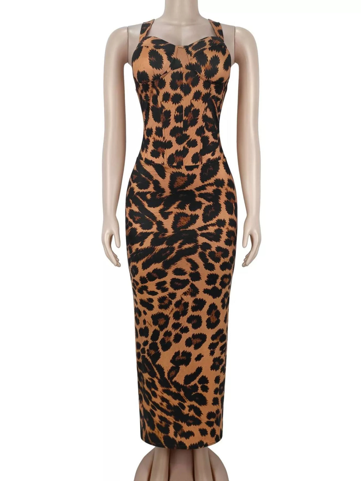 Leopard Sweetheart Neck Maxi Dress - WYNFLARE