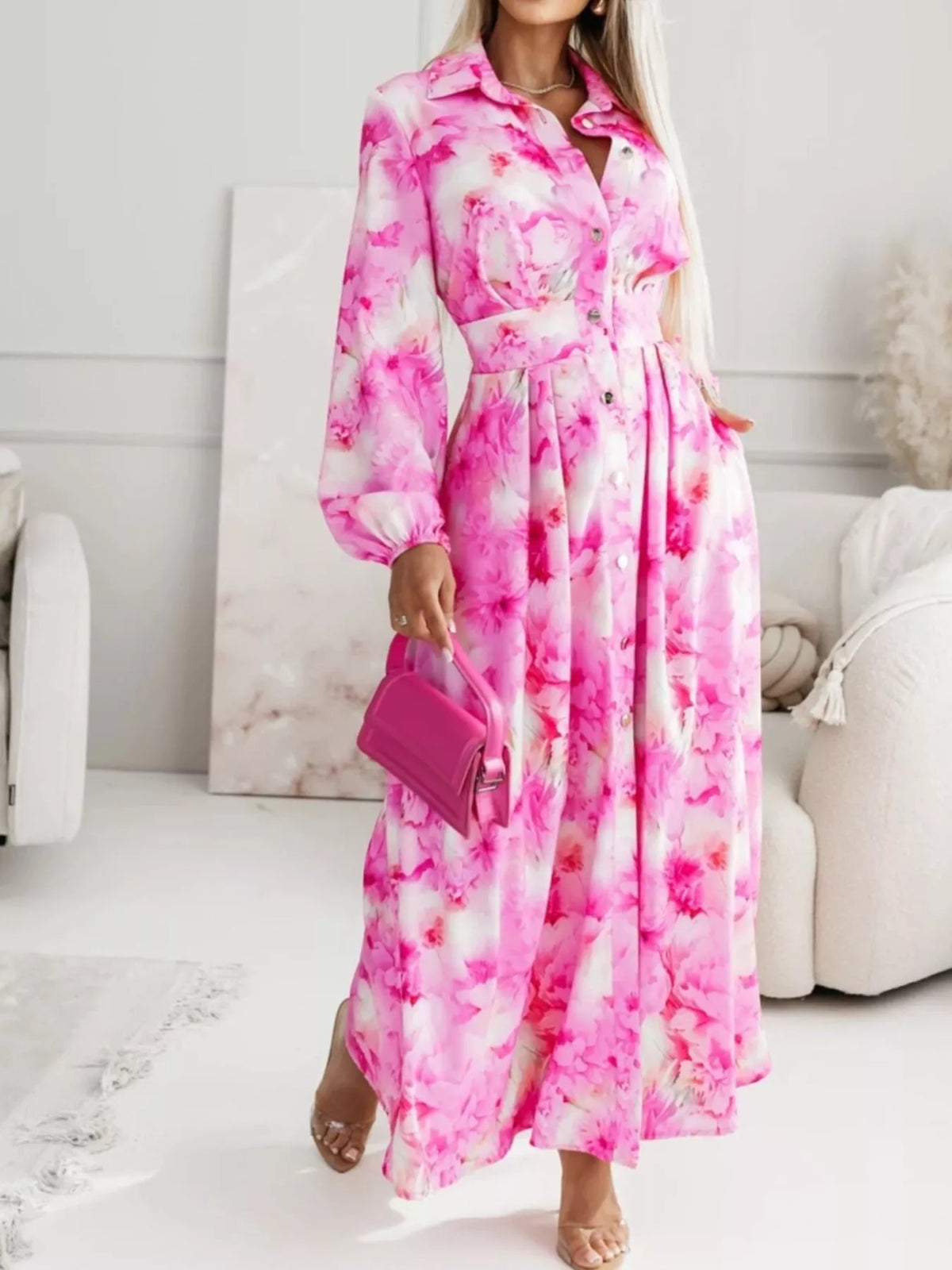 Long Sleeve Maxi Shirt Dress - WYNFLARE