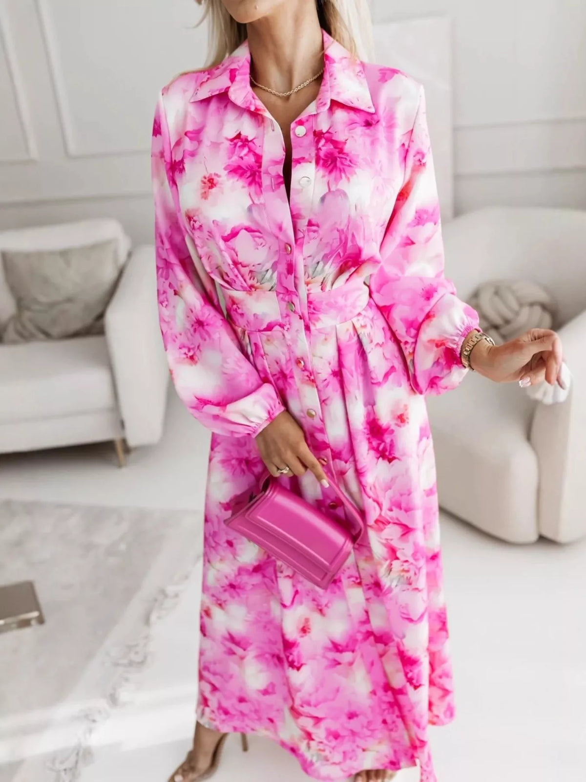 Long Sleeve Maxi Shirt Dress - WYNFLARE