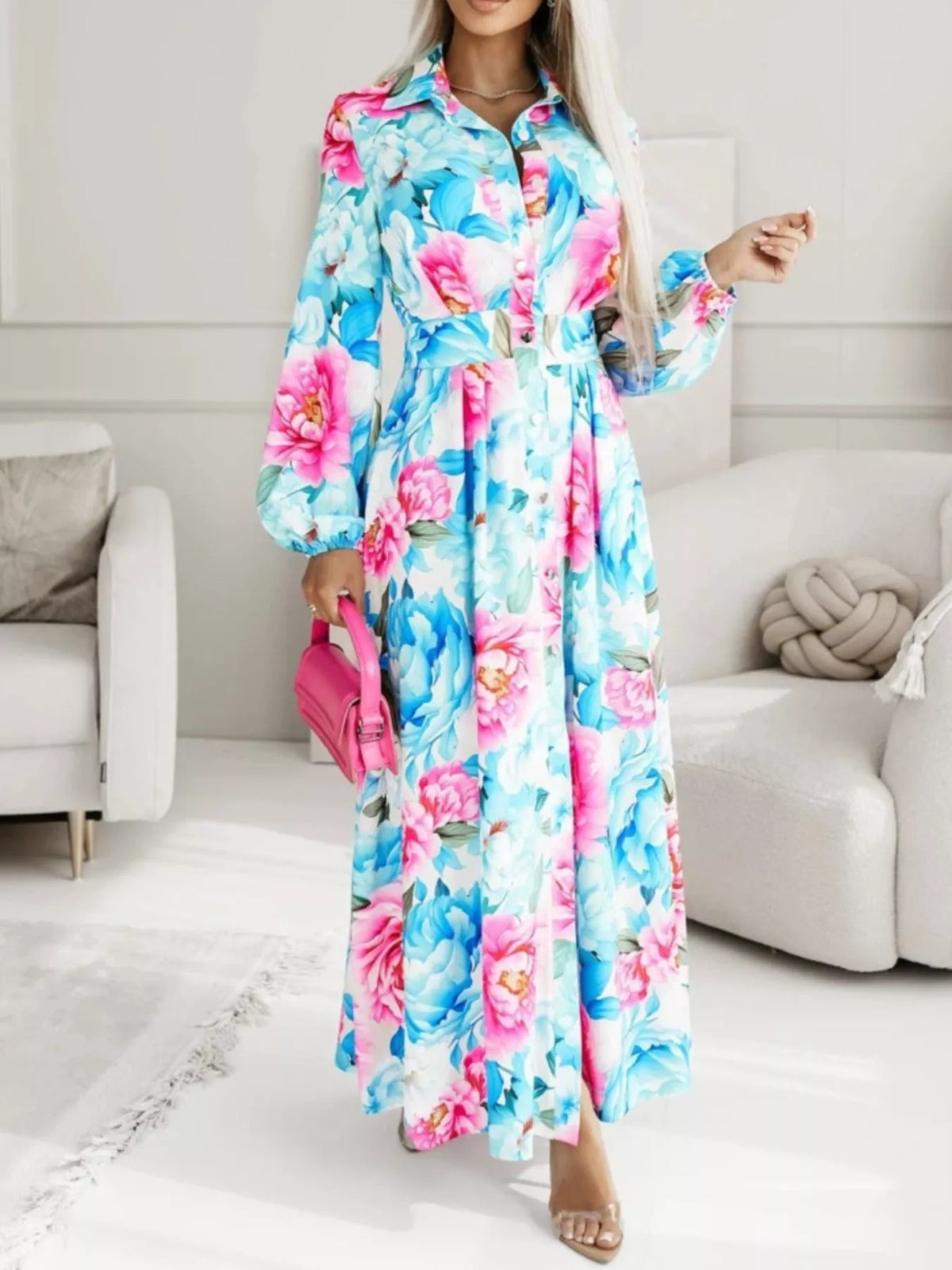 Long Sleeve Maxi Shirt Dress - WYNFLARE