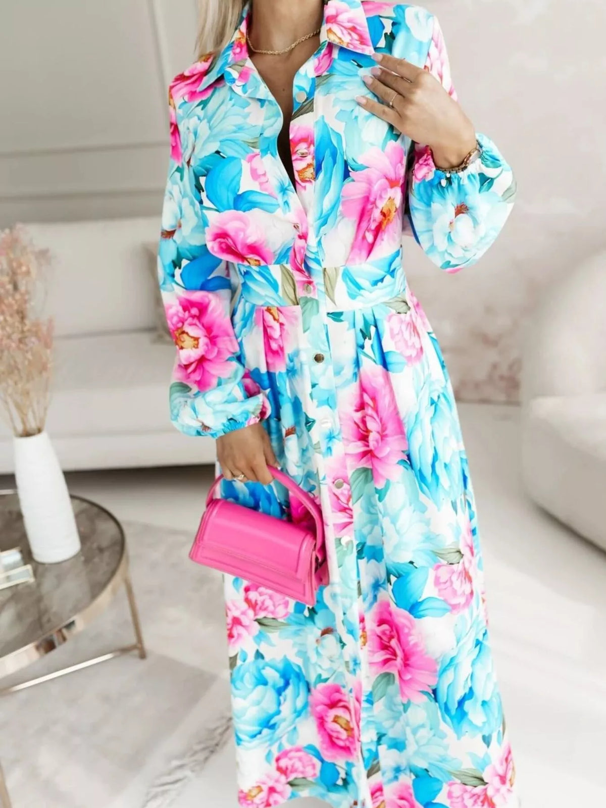 Long Sleeve Maxi Shirt Dress - WYNFLARE