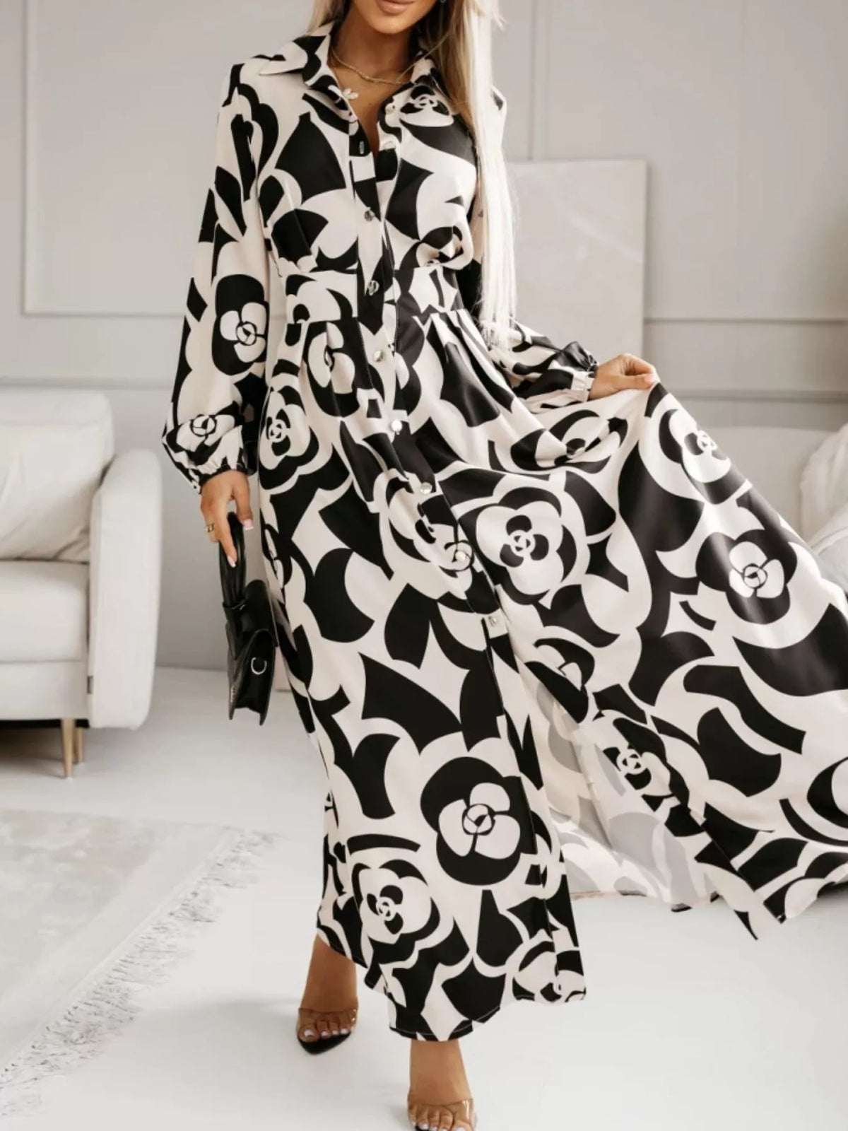 Long Sleeve Maxi Shirt Dress - WYNFLARE