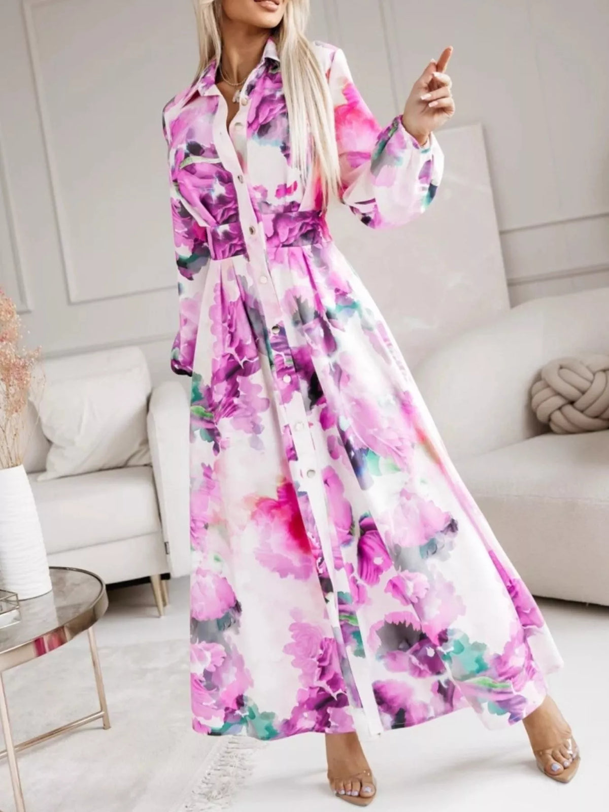 Long Sleeve Maxi Shirt Dress - WYNFLARE