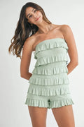 MABLE Pointelle Knit Fabric Ruffled Tube Romper - WYNFLARE