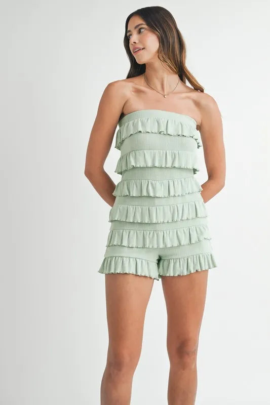 MABLE Pointelle Knit Fabric Ruffled Tube Romper - WYNFLARE