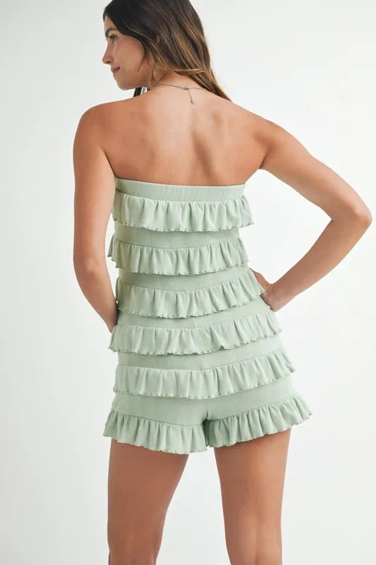 MABLE Pointelle Knit Fabric Ruffled Tube Romper - WYNFLARE