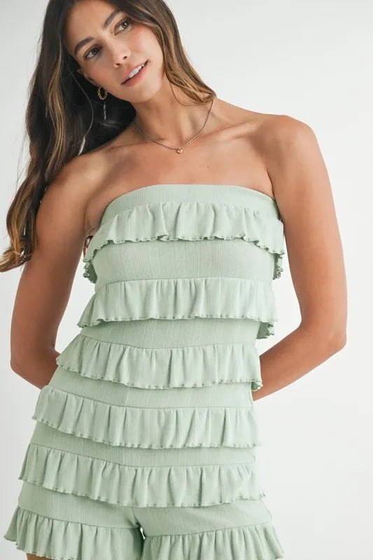 MABLE Pointelle Knit Fabric Ruffled Tube Romper - WYNFLARE