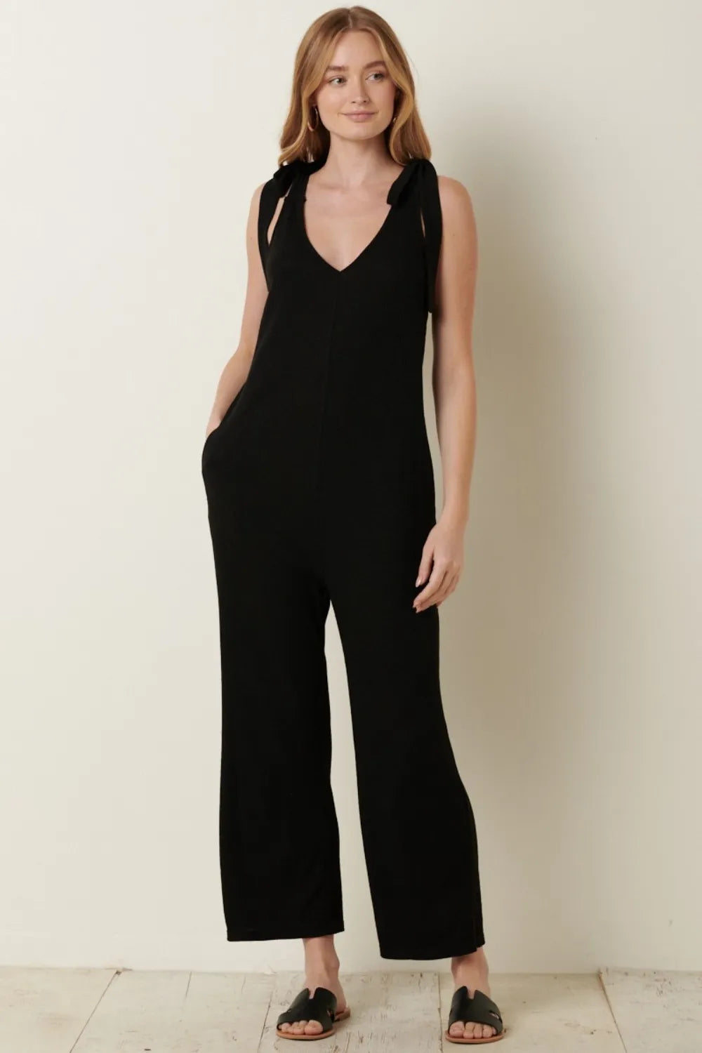 Mittoshop Rib Knit V-Neck Cross Back Jumpsuit - WYNFLARE