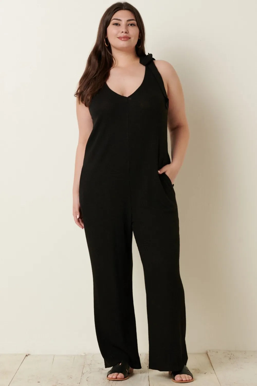 Mittoshop Rib Knit V-Neck Cross Back Jumpsuit - WYNFLARE