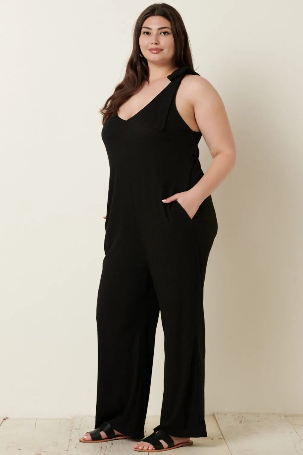 Mittoshop Rib Knit V-Neck Cross Back Jumpsuit - WYNFLARE