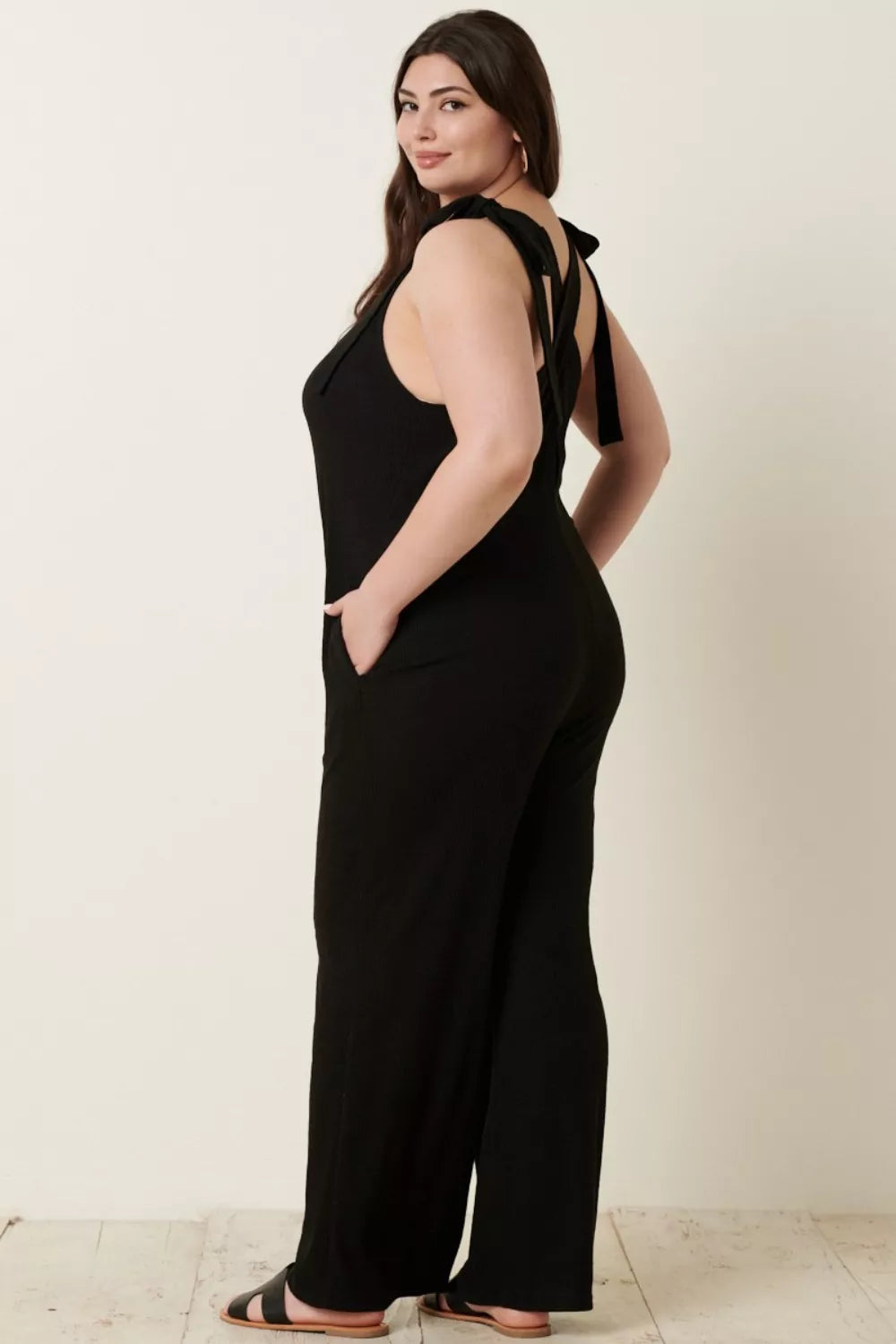 Mittoshop Rib Knit V-Neck Cross Back Jumpsuit - WYNFLARE