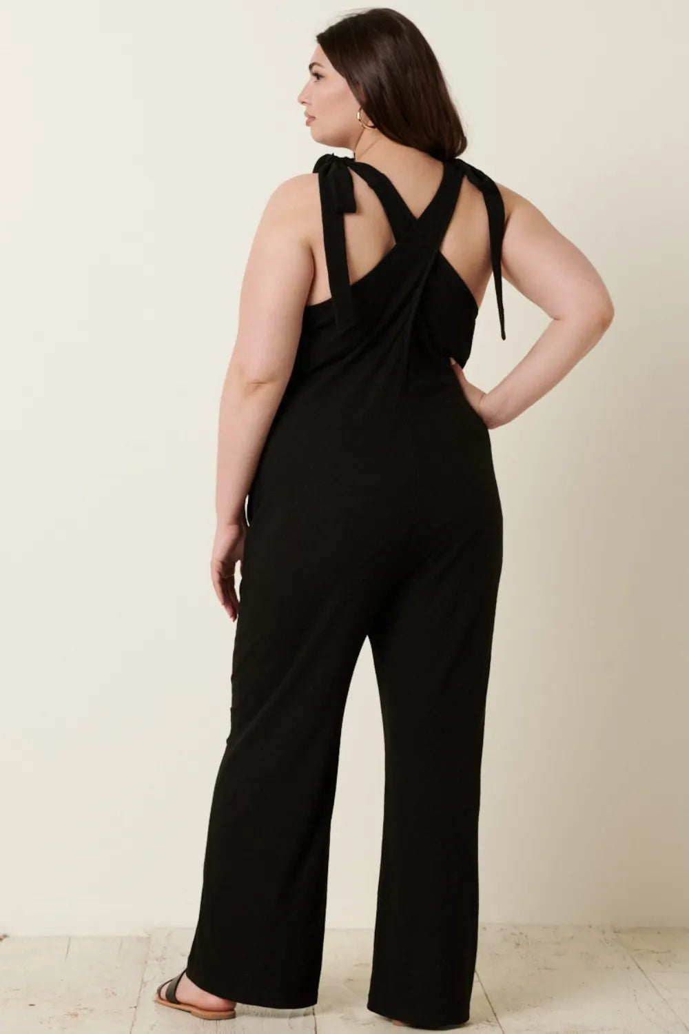 Mittoshop Rib Knit V-Neck Cross Back Jumpsuit - WYNFLARE