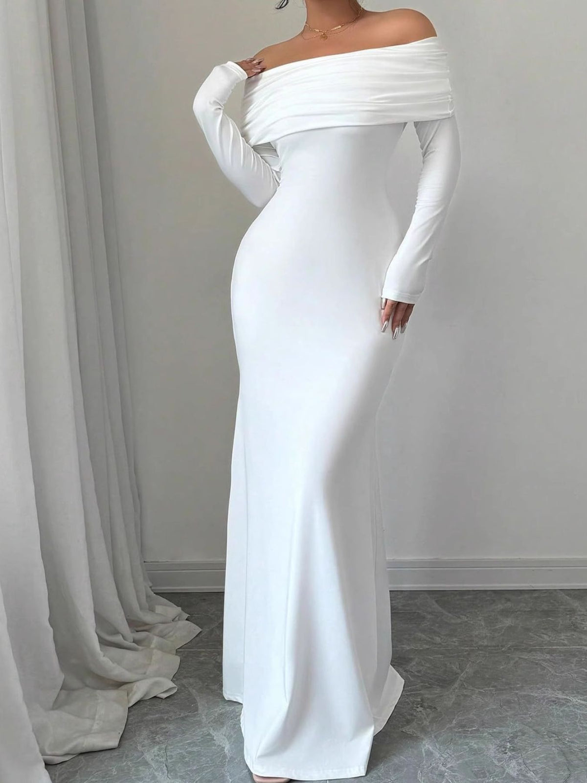 Off-Shoulder Ruched Bodycon Maxi Dress - WYNFLARE