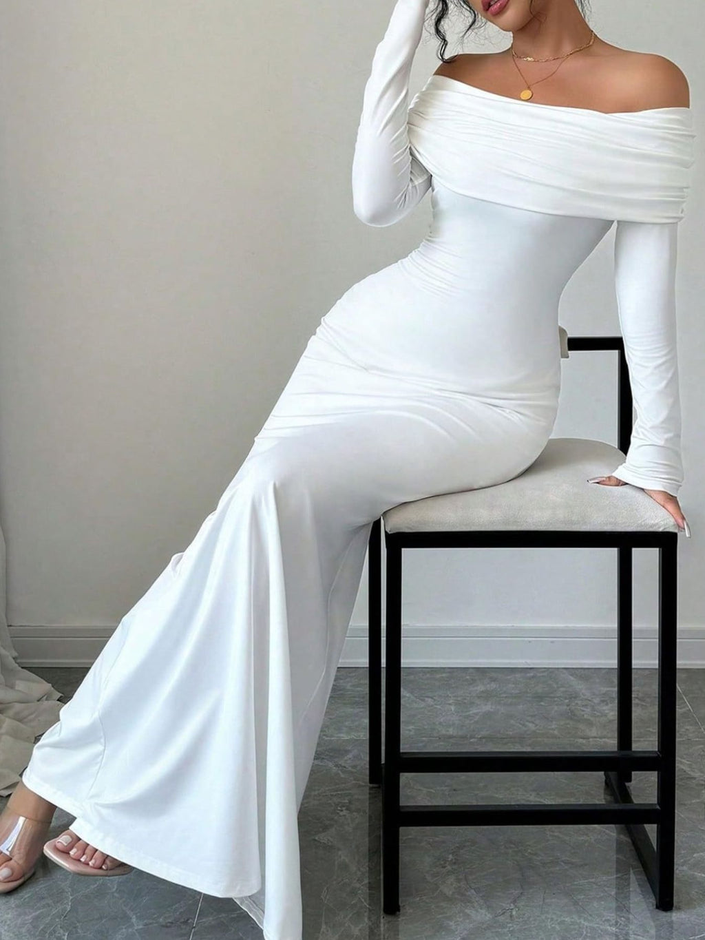 Off-Shoulder Ruched Bodycon Maxi Dress - WYNFLARE