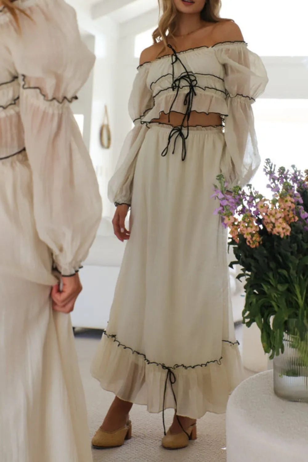 Off-Shoulder Top and Skirt Set - WYNFLARE