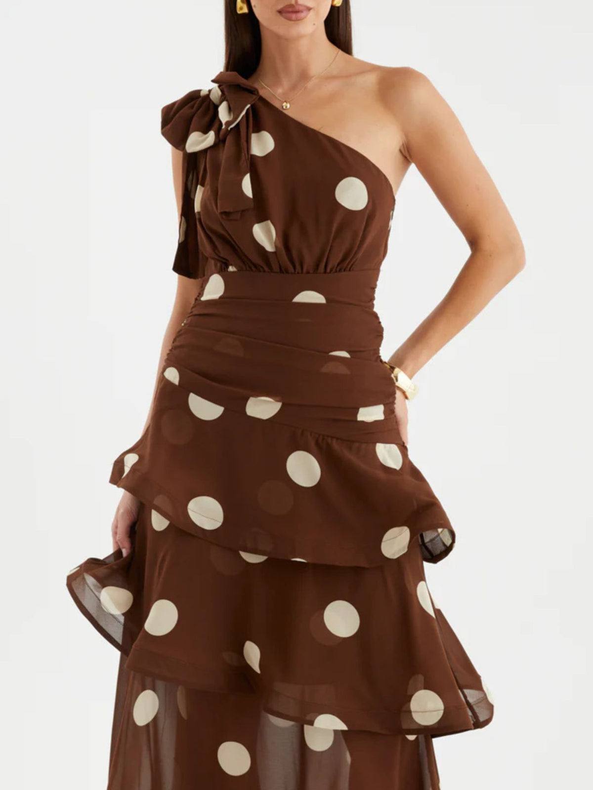 One-Shoulder Bow Polka Dot Tiered Midi Dress - WYNFLARE