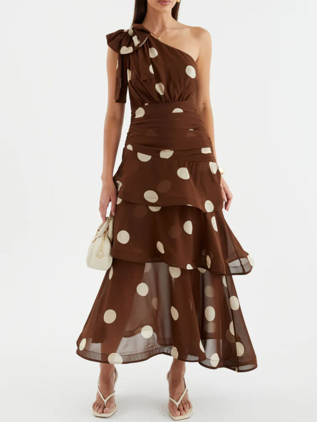 One-Shoulder Bow Polka Dot Tiered Midi Dress - WYNFLARE