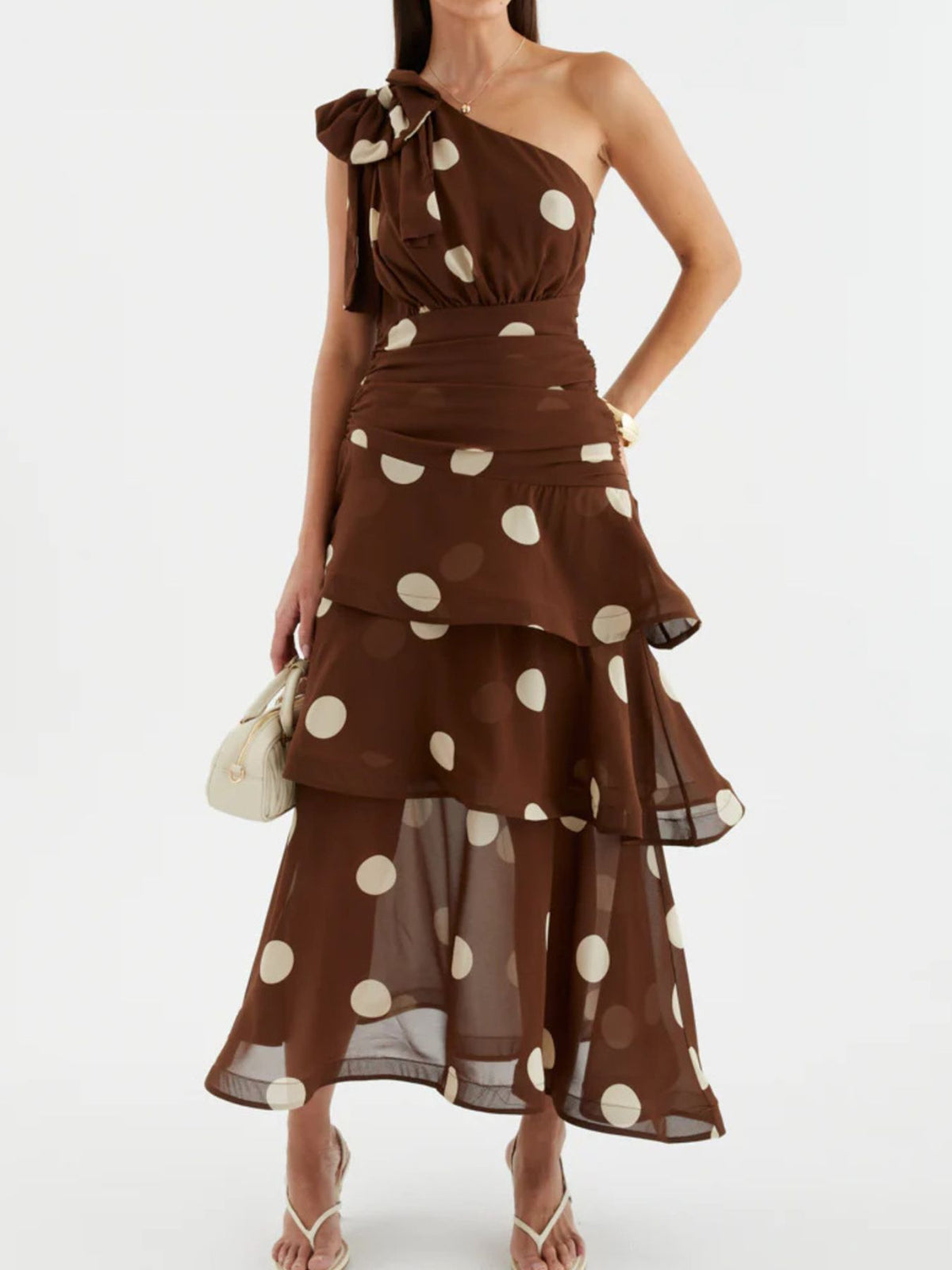 One-Shoulder Bow Polka Dot Tiered Midi Dress - WYNFLARE