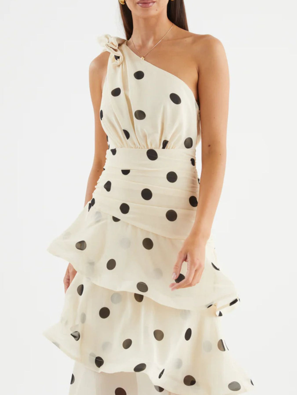 One-Shoulder Bow Polka Dot Tiered Midi Dress - WYNFLARE