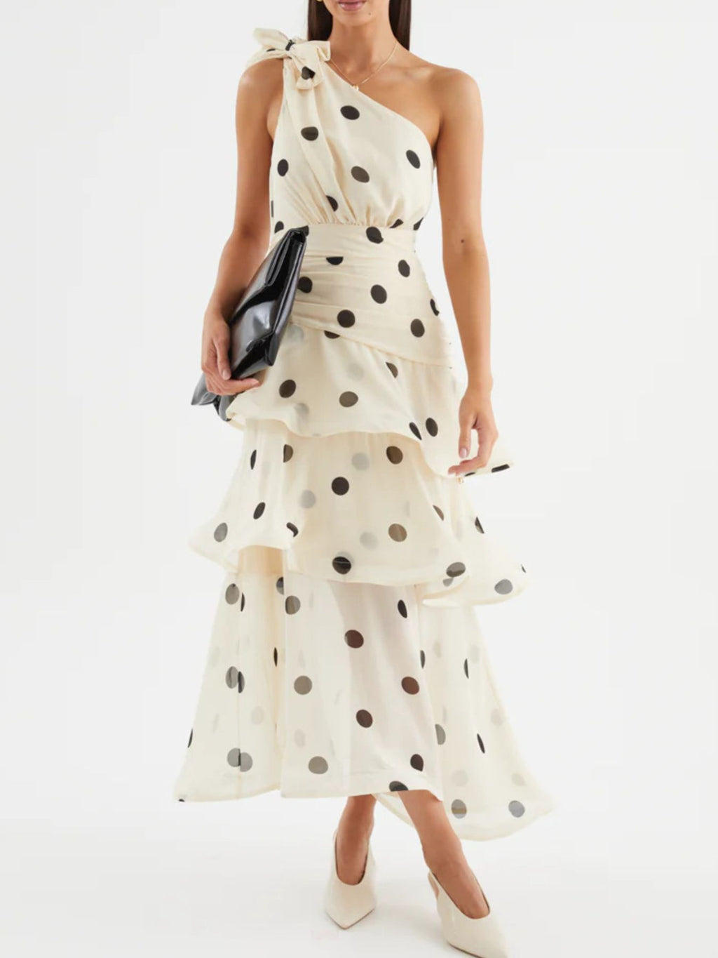One-Shoulder Bow Polka Dot Tiered Midi Dress - WYNFLARE