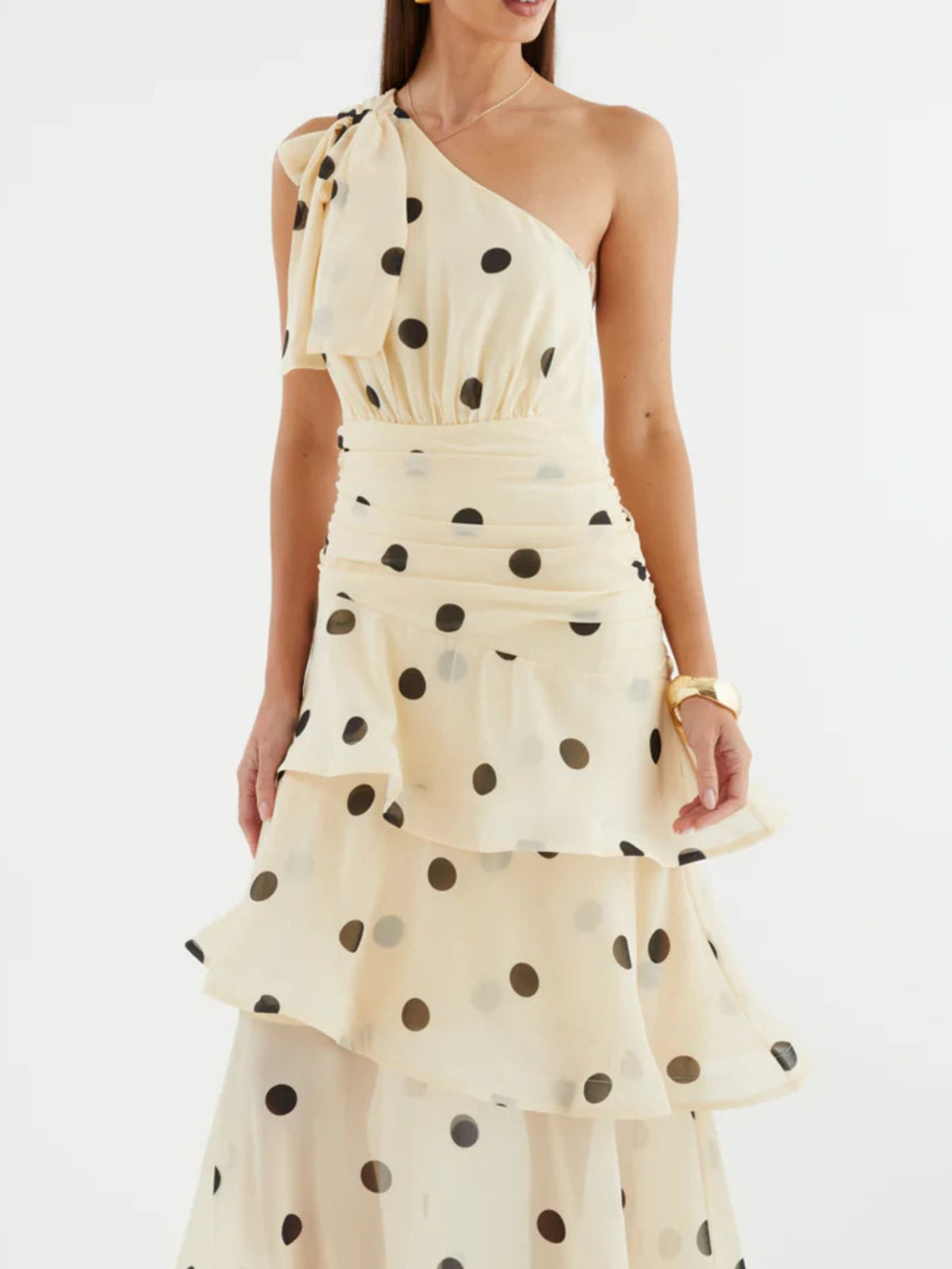 One-Shoulder Bow Polka Dot Tiered Midi Dress - WYNFLARE