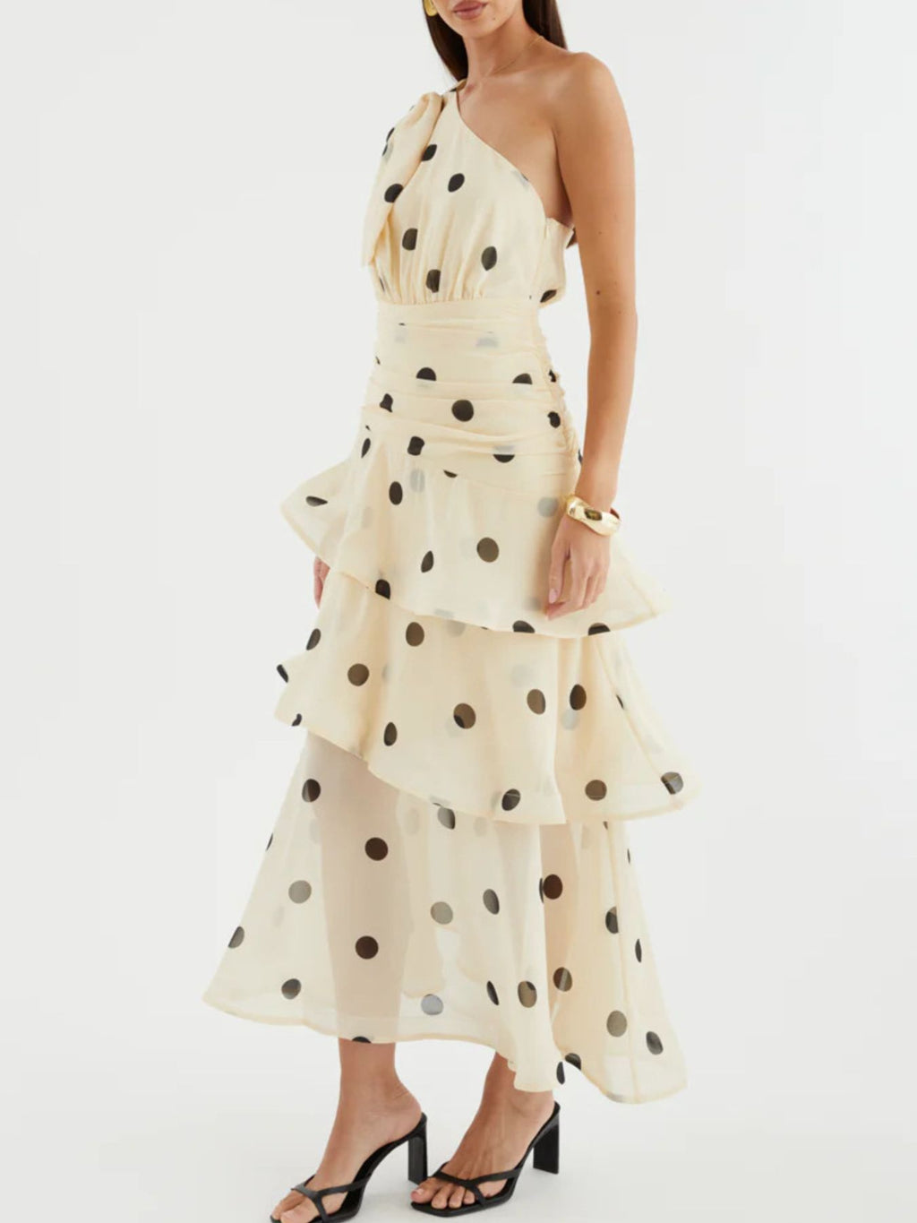One-Shoulder Bow Polka Dot Tiered Midi Dress - WYNFLARE