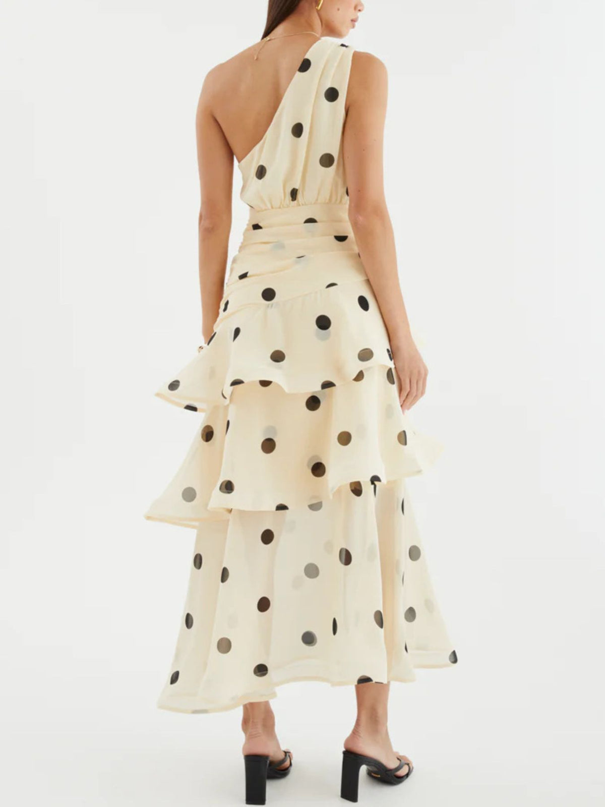 One-Shoulder Bow Polka Dot Tiered Midi Dress - WYNFLARE