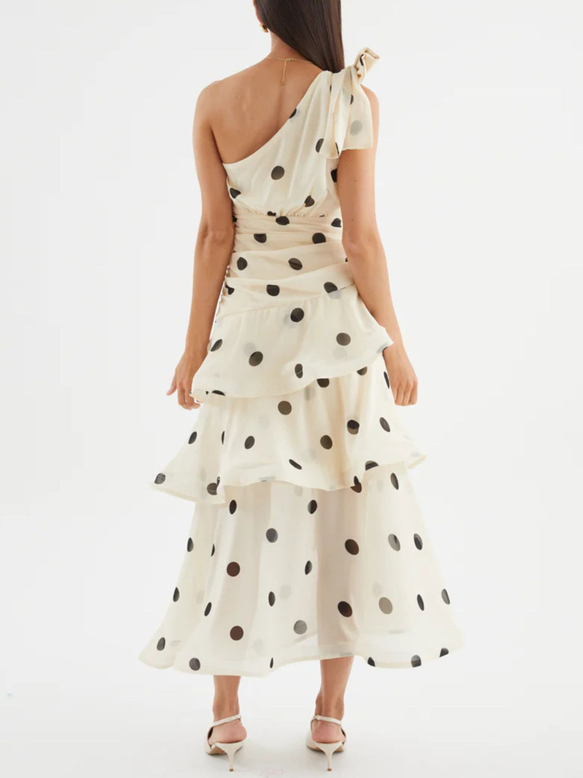 One-Shoulder Bow Polka Dot Tiered Midi Dress - WYNFLARE