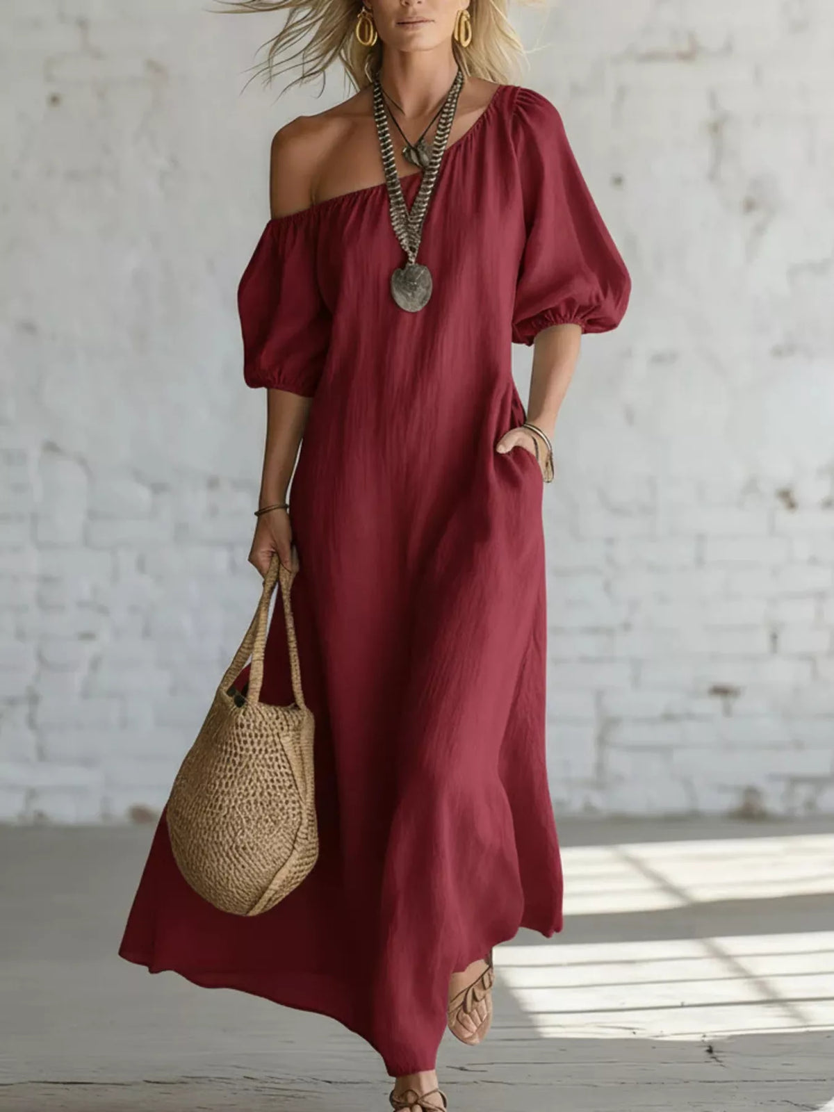 One-Shoulder Puff Sleeve Maxi Dress - WYNFLARE
