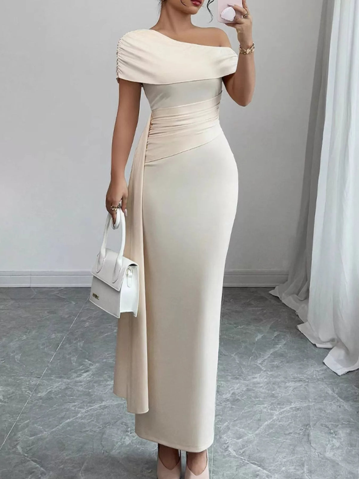 One-Shoulder Ruched Maxi Dress - WYNFLARE