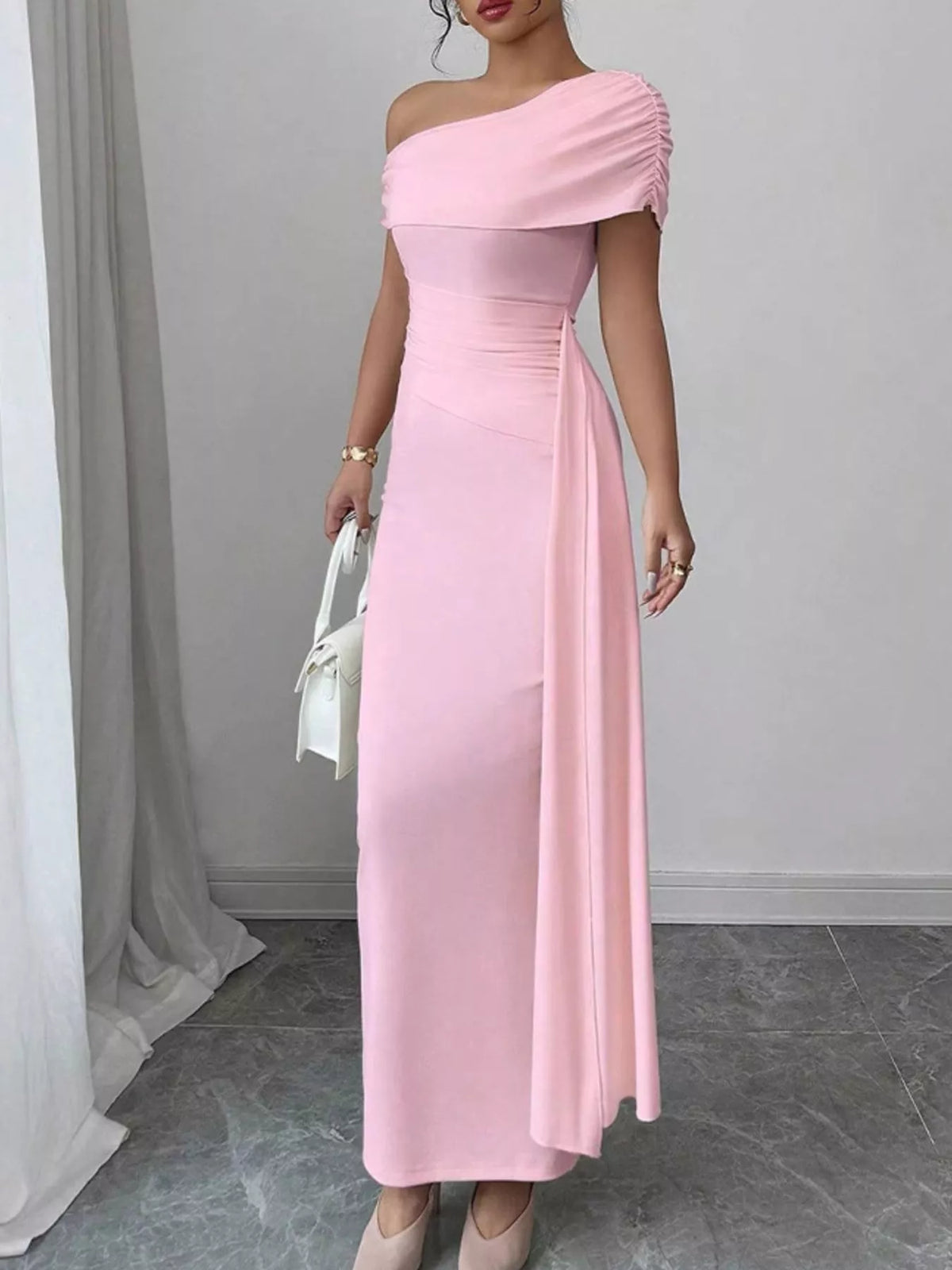 One-Shoulder Ruched Maxi Dress - WYNFLARE