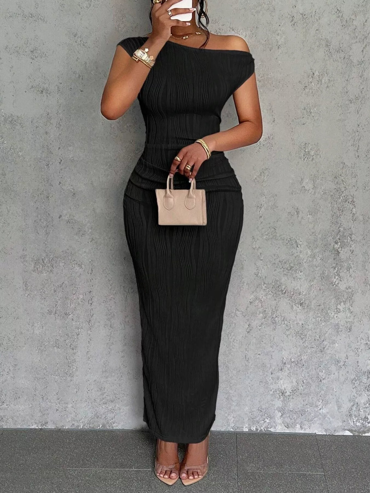 One-Shoulder Textured Maxi Dress - WYNFLARE