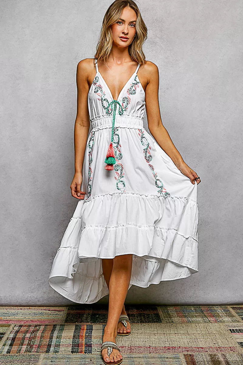 POL Embroidered Detail Tassel Tie Smocked Waist Midi Tiered Cami Dress - WYNFLARE