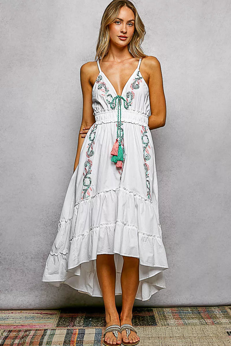 POL Embroidered Detail Tassel Tie Smocked Waist Midi Tiered Cami Dress - WYNFLARE