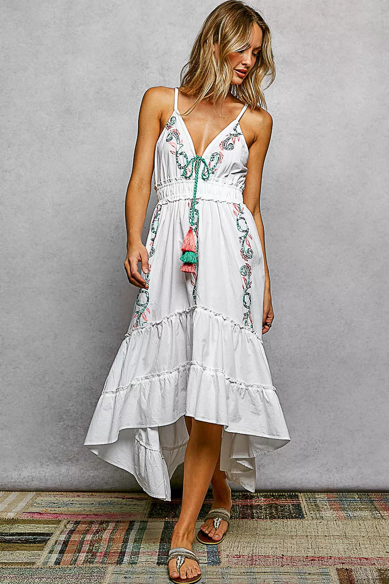 POL Embroidered Detail Tassel Tie Smocked Waist Midi Tiered Cami Dress - WYNFLARE