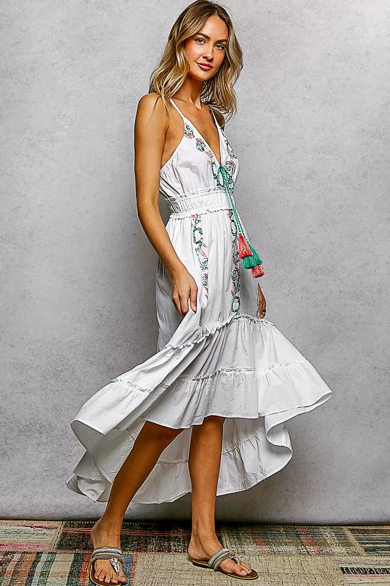 POL Embroidered Detail Tassel Tie Smocked Waist Midi Tiered Cami Dress - WYNFLARE