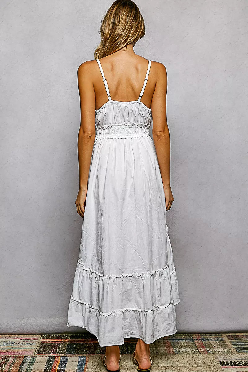 POL Embroidered Detail Tassel Tie Smocked Waist Midi Tiered Cami Dress - WYNFLARE