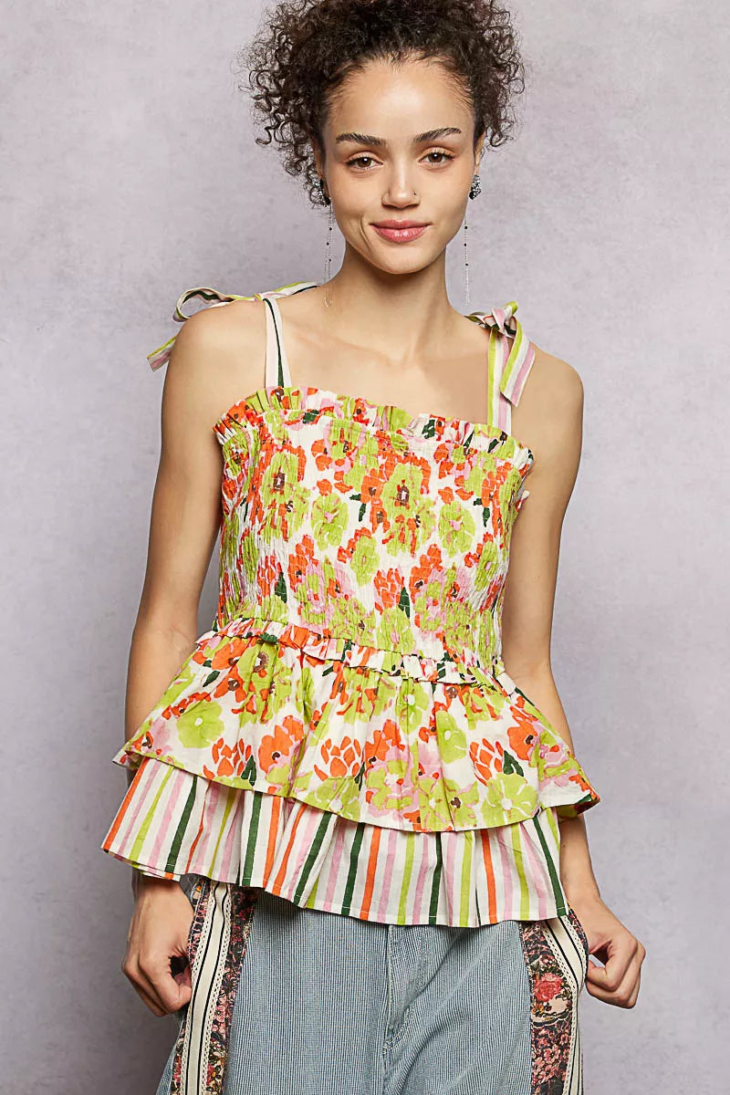 POL Floral Smocked Ruffled Cami with Tie Shoulder Straps - WYNFLARE