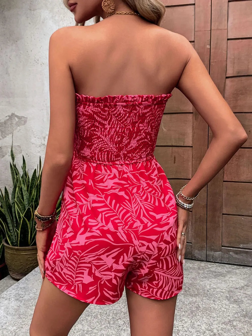 Perfee Smocked Printed Tube Romper with Pockets - WYNFLARE