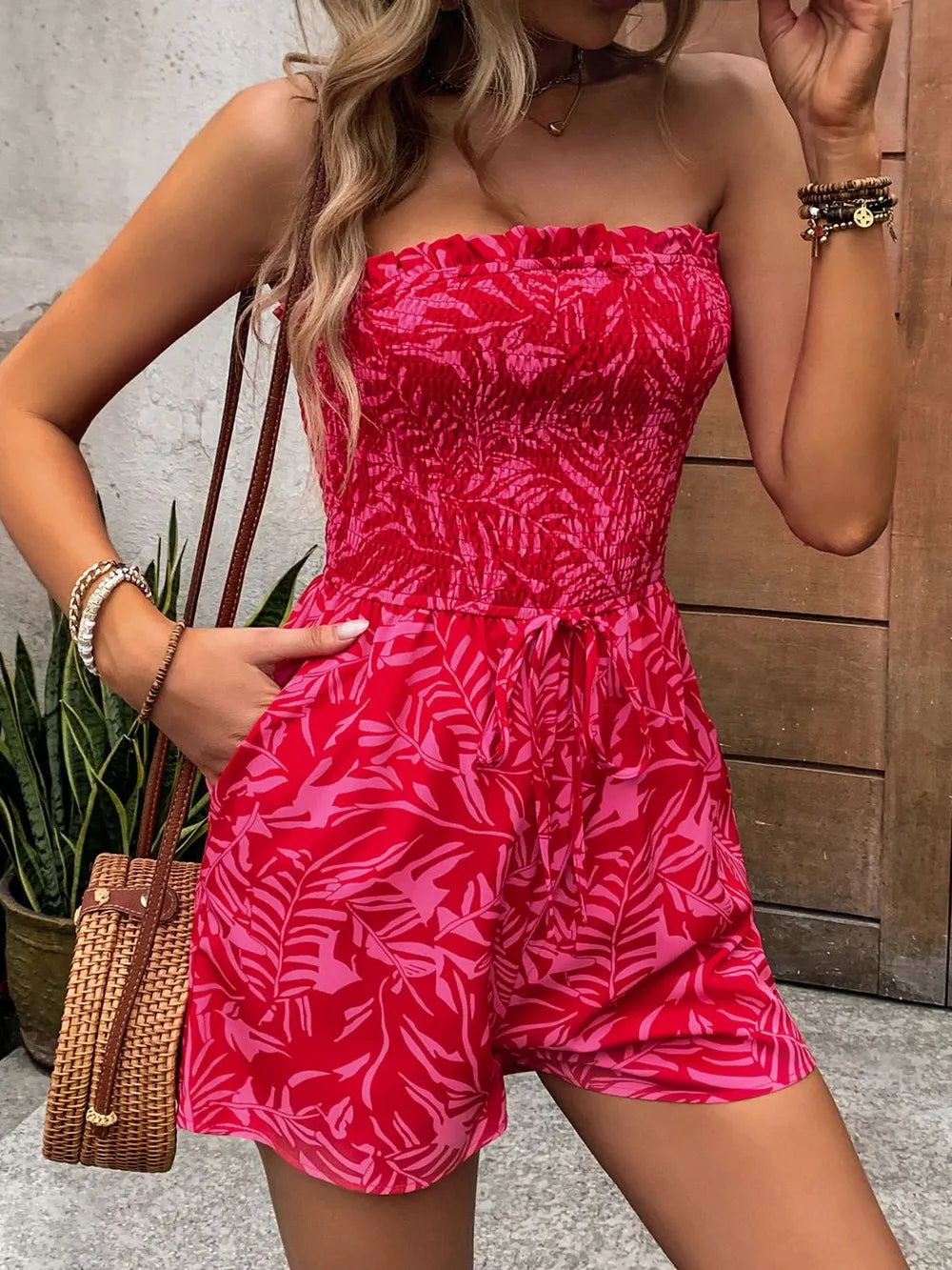 Perfee Smocked Printed Tube Romper with Pockets - WYNFLARE