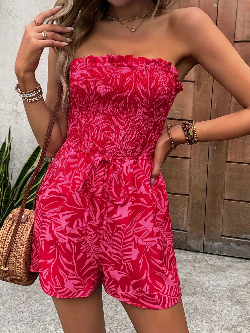 Perfee Smocked Printed Tube Romper with Pockets - WYNFLARE
