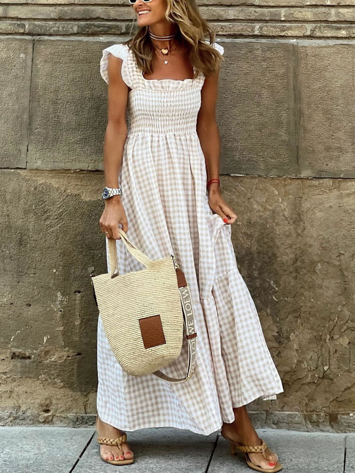 Plaid Ruffle Sleeve Maxi Dress - WYNFLARE