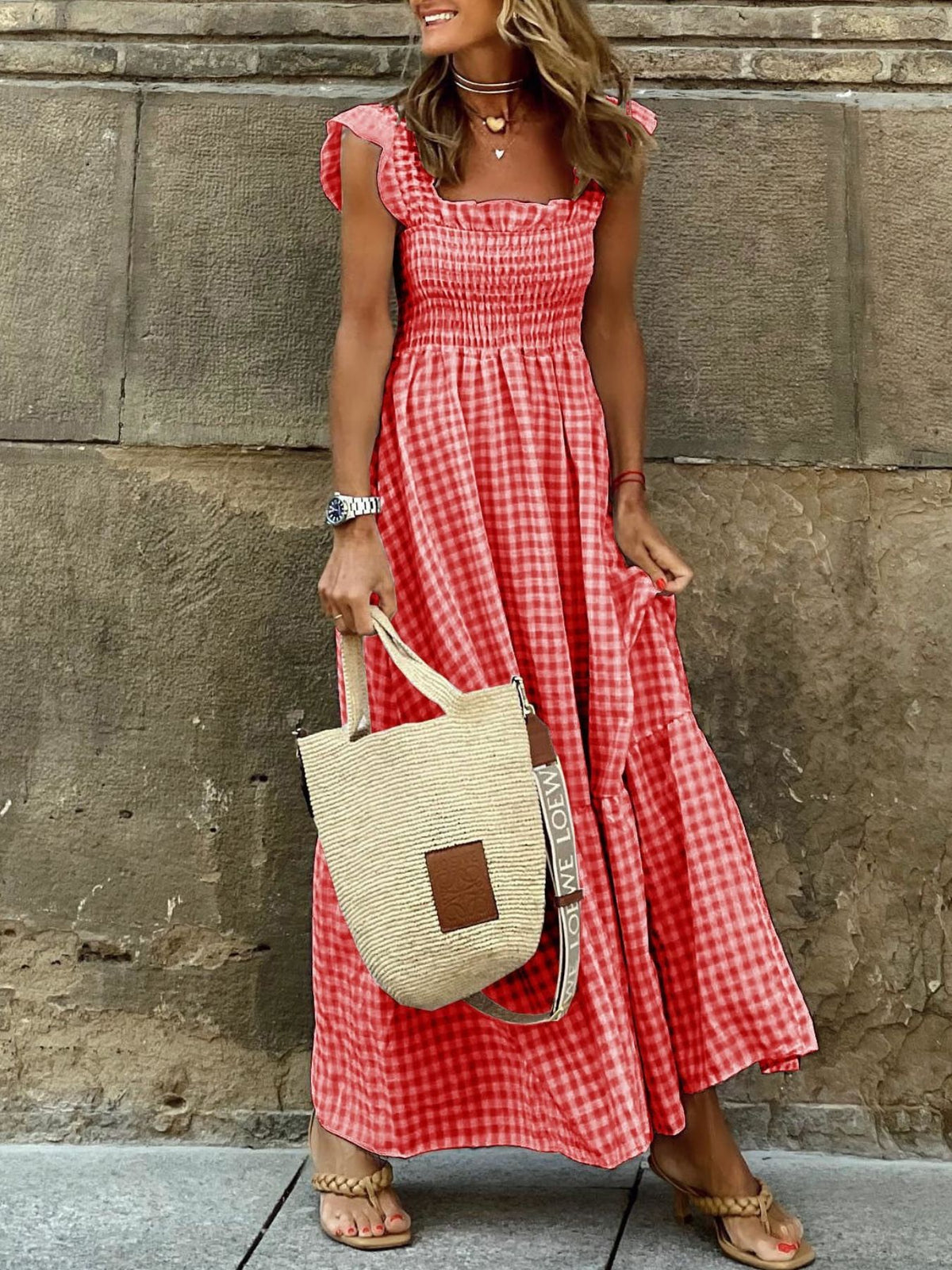 Plaid Ruffle Sleeve Maxi Dress - WYNFLARE
