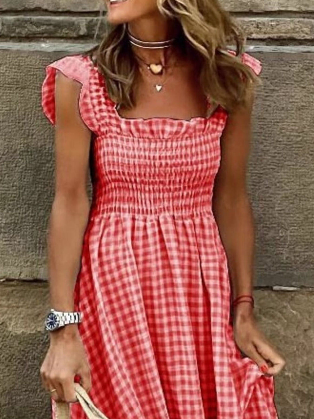 Plaid Ruffle Sleeve Maxi Dress - WYNFLARE