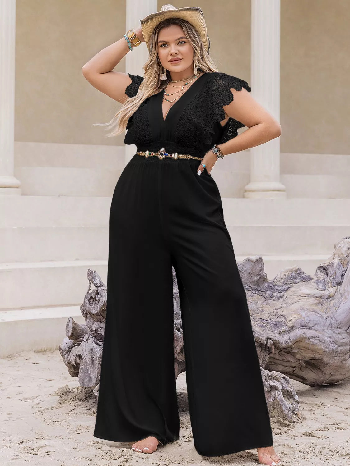 Plus Size Lace Cap Sleeve Wide Leg Jumpsuit - WYNFLARE